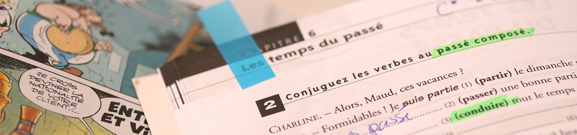 Linker Rand Buchseite Asterix und Obelix französische Version und rechter Rand französisch Lehrbuch